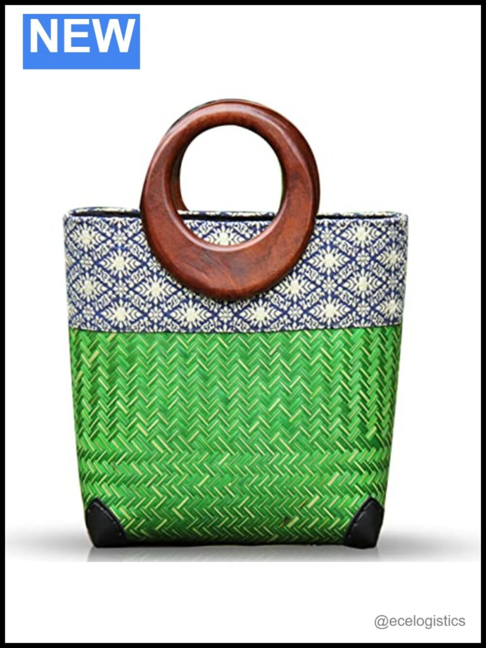 Boho Woven Straw Bucket Bag with Wooden Handle
